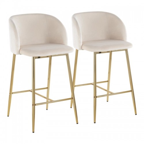 Set of 2 Contemporary Counter Stools in Gold Steel and Cream Velvet Fran