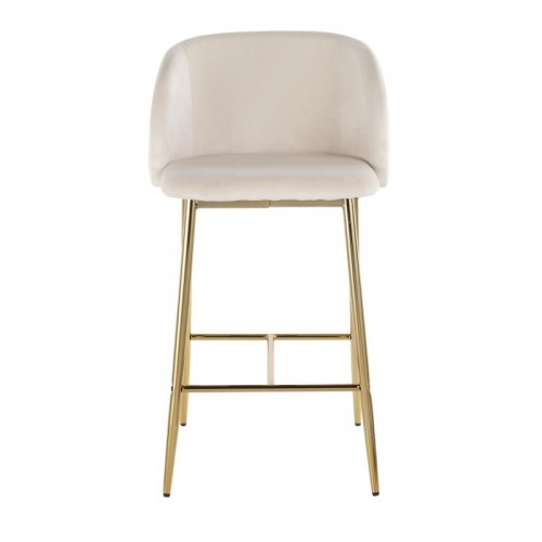 Set of 2 Contemporary Counter Stools in Gold Steel and Cream Velvet Fran