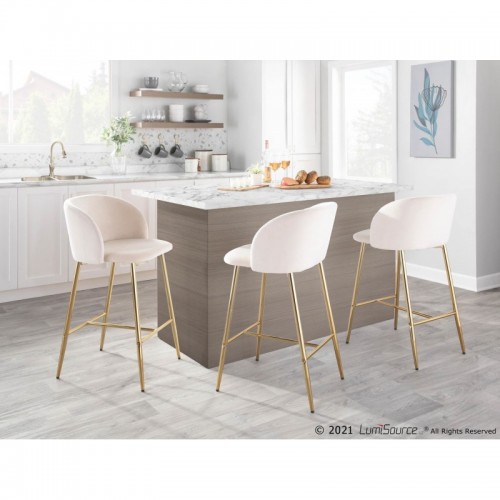 Set of 2 Contemporary Counter Stools in Gold Steel and Cream Velvet Fran