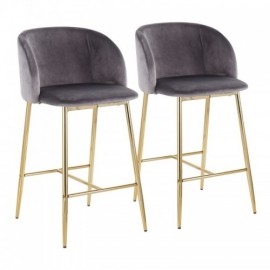 Set of 2 Contemporary Counter Stools in Gold Steel and Grey Velvet Fran