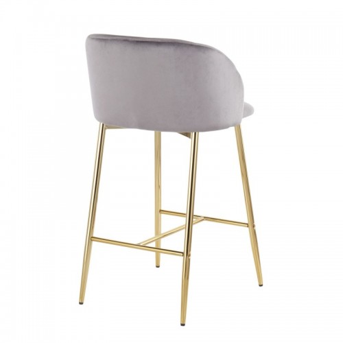Set of 2 Contemporary Counter Stools in Gold Steel and Grey Velvet Fran
