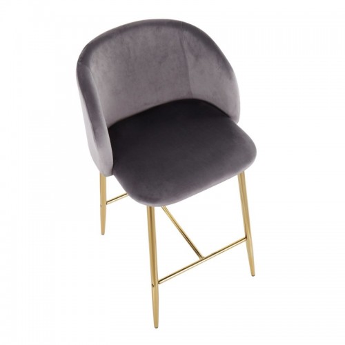 Set of 2 Contemporary Counter Stools in Gold Steel and Grey Velvet Fran