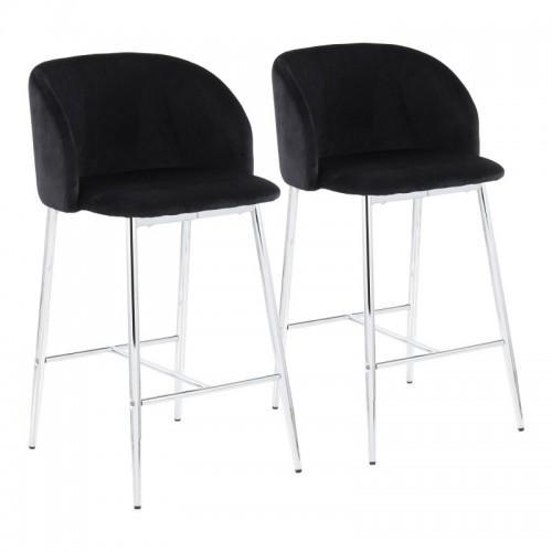 Set of 2 Contemporary Counter Stools in Chrome Metal and Black Velvet Fran