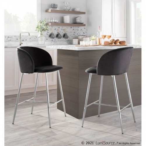 Set of 2 Contemporary Counter Stools in Chrome Metal and Black Velvet Fran