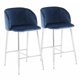 Set of 2 Contemporary Counter Stools in Chrome Metal and Blue Velvet Fran