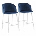 Set of 2 Contemporary Counter Stools in Chrome Metal and Blue Velvet Fran