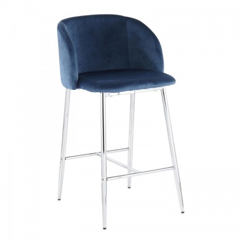 Set of 2 Contemporary Counter Stools in Chrome Metal and Blue Velvet Fran