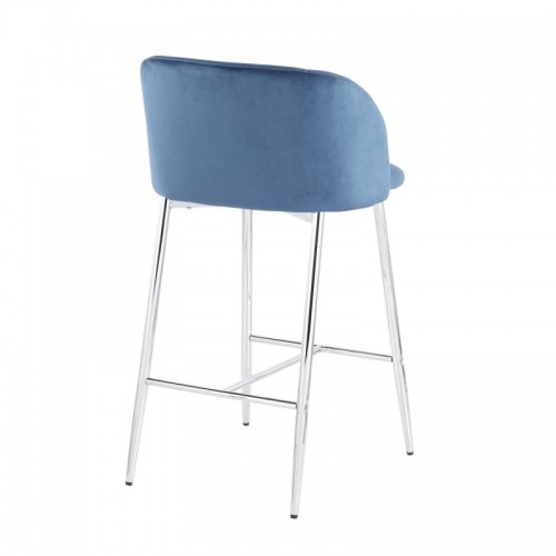 Set of 2 Contemporary Counter Stools in Chrome Metal and Blue Velvet Fran