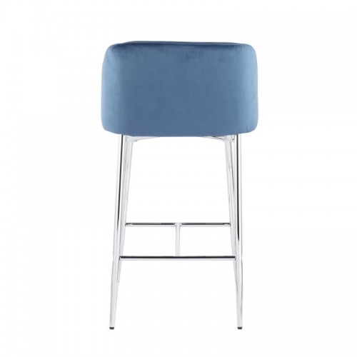 Set of 2 Contemporary Counter Stools in Chrome Metal and Blue Velvet Fran