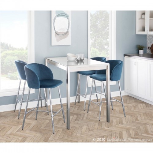 Set of 2 Contemporary Counter Stools in Chrome Metal and Blue Velvet Fran