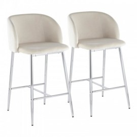 Set of 2 Contemporary Counter Stools in Chrome Metal and Cream Velvet Fran