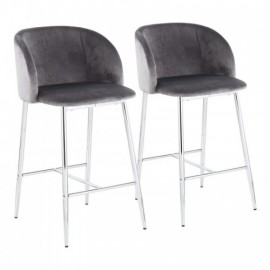 Set of 2 Contemporary Counter Stools in Chrome Metal and Grey Velvet Fran