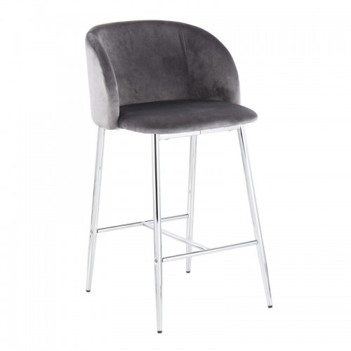 Set of 2 Contemporary Counter Stools in Chrome Metal and Grey Velvet Fran