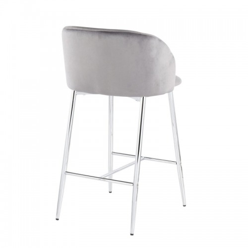 Set of 2 Contemporary Counter Stools in Chrome Metal and Grey Velvet Fran