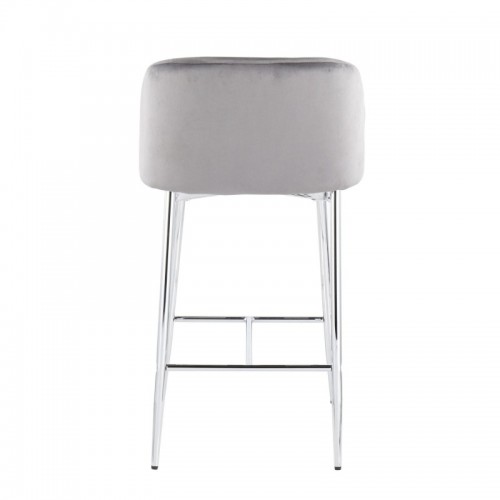 Set of 2 Contemporary Counter Stools in Chrome Metal and Grey Velvet Fran