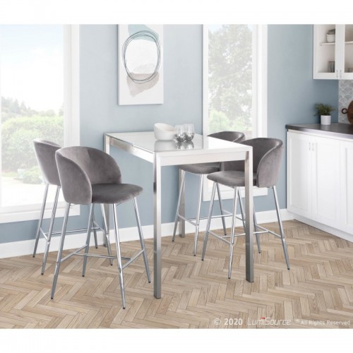 Set of 2 Contemporary Counter Stools in Chrome Metal and Grey Velvet Fran