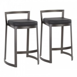 Set of 2 Industrial Counter Stools in Antique Metal and Black Faux Leather Cushion Fuji DLX
