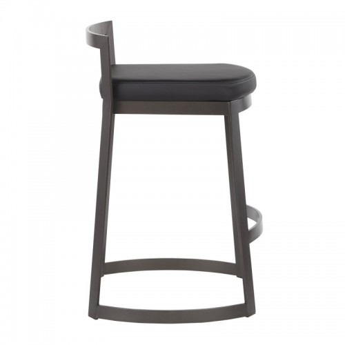 Set of 2 Industrial Counter Stools in Antique Metal and Black Faux Leather Cushion Fuji DLX