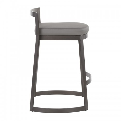 Set of 2 Industrial Counter Stools in Antique Metal and Grey Faux Leather Cushion Fuji DLX