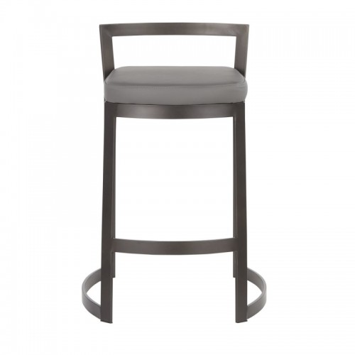 Set of 2 Industrial Counter Stools in Antique Metal and Grey Faux Leather Cushion Fuji DLX