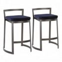 Set of 2 Industrial Counter Stools in Antique Metal and Velvet Blue Cushion Fuji DLX