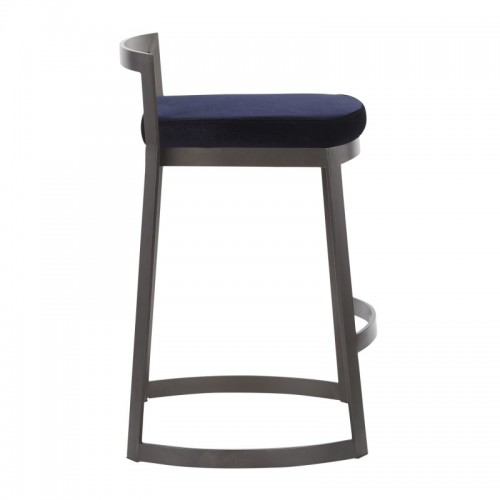 Set of 2 Industrial Counter Stools in Antique Metal and Velvet Blue Cushion Fuji DLX