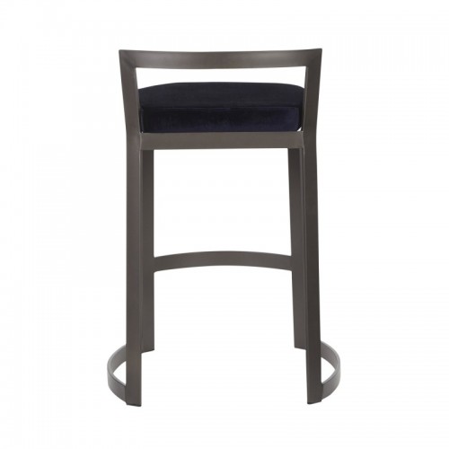 Set of 2 Industrial Counter Stools in Antique Metal and Velvet Blue Cushion Fuji DLX