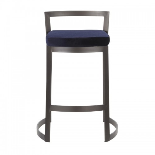 Set of 2 Industrial Counter Stools in Antique Metal and Velvet Blue Cushion Fuji DLX
