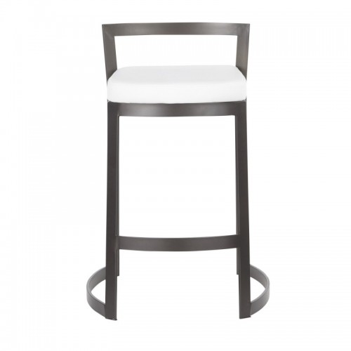 Set of 2 Industrial Counter Stools in Antique Metal and White Faux Leather Cushion Fuji DLX