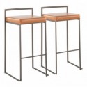 Set of 2 Industrial Stackable Bar stools in Antique with Camel Faux Leather Cushion Fuji
