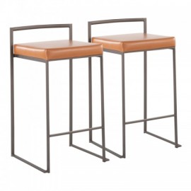 Set of 2 Industrial Stackable Counter Stools in Antique with Camel Faux Leather Cushion Fuji