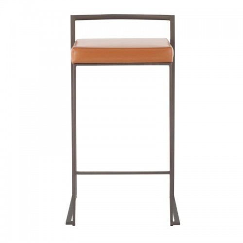 Set of 2 Industrial Stackable Counter Stools in Antique with Camel Faux Leather Cushion Fuji