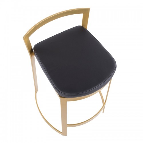 Set of 2 Contemporary-Glam Counter Stools in Gold Metal and Black Faux Leather Cushion Fuji DLX