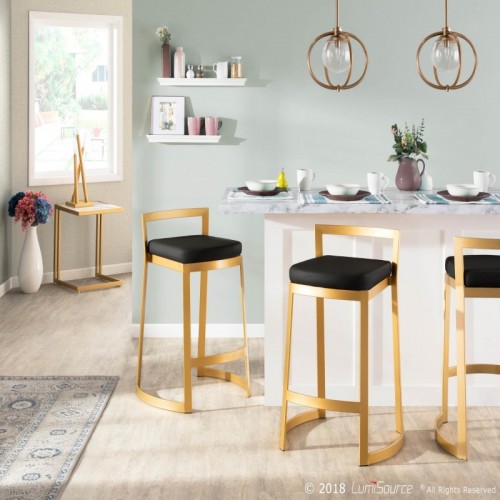 Set of 2 Contemporary-Glam Counter Stools in Gold Metal and Black Faux Leather Cushion Fuji DLX
