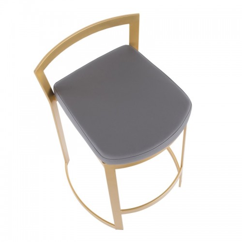 Set of 2 Contemporary-Glam Counter Stools in Gold Metal and Grey Faux Leather Cushion Fuji DLX