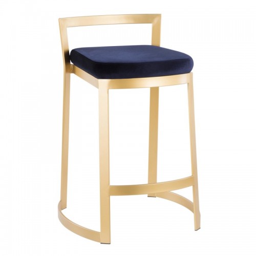 Set of 2 Contemporary-Glam Counter Stools in Gold Metal and Velvet Blue Cushion Fuji DLX