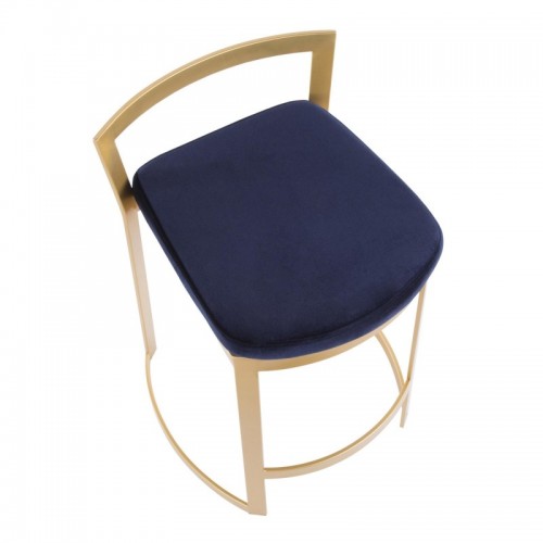 Set of 2 Contemporary-Glam Counter Stools in Gold Metal and Velvet Blue Cushion Fuji DLX