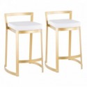 Set of 2 Contemporary-Glam Counter Stools in Gold Metal and White Faux Leather Cushion Fuji DLX
