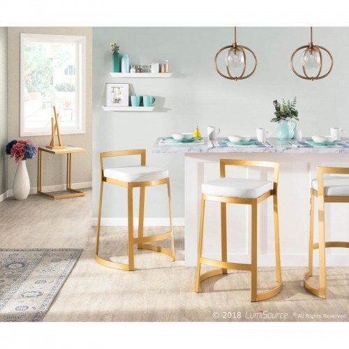 Set of 2 Contemporary-Glam Counter Stools in Gold Metal and White Faux Leather Cushion Fuji DLX