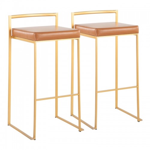 Set of 2 Contemporary Bar stools in Gold with Camel Faux Leather Fuji