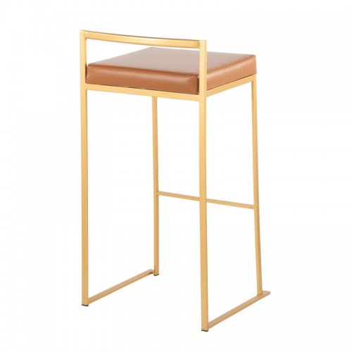 Set of 2 Contemporary Bar stools in Gold with Camel Faux Leather Fuji