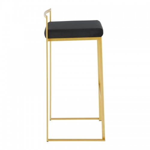 Set of 2 Contemporary Bar stools in Gold with Black Velvet Cushion Fuji