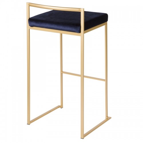 Set of 2 Contemporary-Glam Stackable Bar stools in Gold with Blue Velvet Cushion Fuji