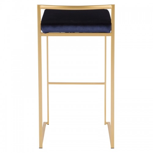 Set of 2 Contemporary-Glam Stackable Bar stools in Gold with Blue Velvet Cushion Fuji