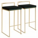 Set of 2 Contemporary-Glam Stackable Bar stools in Gold with Green Velvet Cushion Fuji