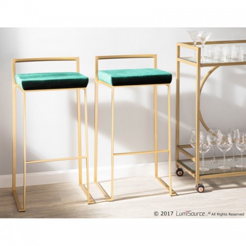 Set of 2 Contemporary-Glam Stackable Bar stools in Gold with Green Velvet Cushion Fuji