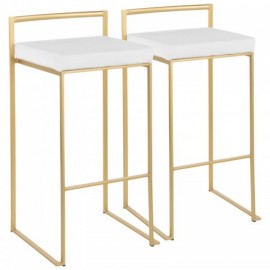 Set of 2 Contemporary-Glam Stackable Bar stools in Gold with White Velvet Cushion Fuji