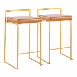Set of 2 Contemporary Stackable Counter Stools in Gold with Camel Faux Leather Cushion Fuji