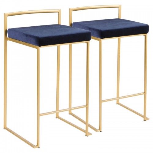 Set of 2 Contemporary-Glam Stackable Counter Stools in Gold with Blue Velvet Cushion Fuji