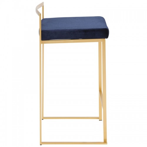 Set of 2 Contemporary-Glam Stackable Counter Stools in Gold with Blue Velvet Cushion Fuji